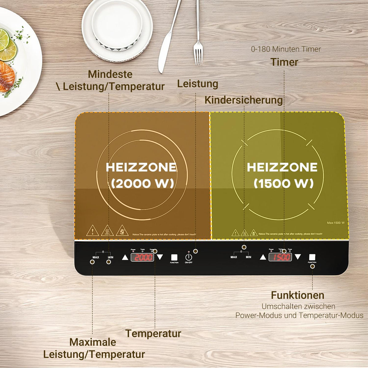 Induction hob hob 2 plate portable induction hob with 8 power levels and 10 temperature levels, 3500 W, child lock, timer, black |
