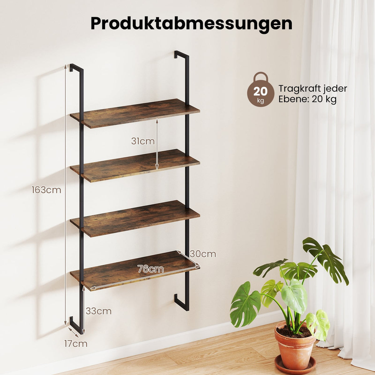 Industrial 4-Tier Wall Shelf with Metal Frame, Brown