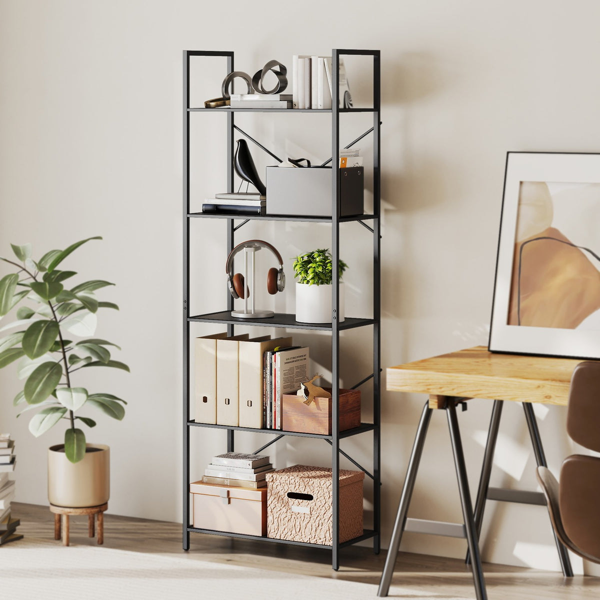 Industrial 5-Tier Metal Bookshelf, 60x30x170.5 cm, Black