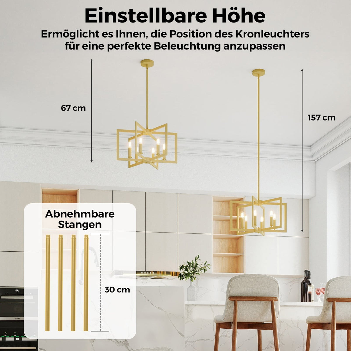 Industrial 6-Light Chandelier, Adjustable Height, Gold