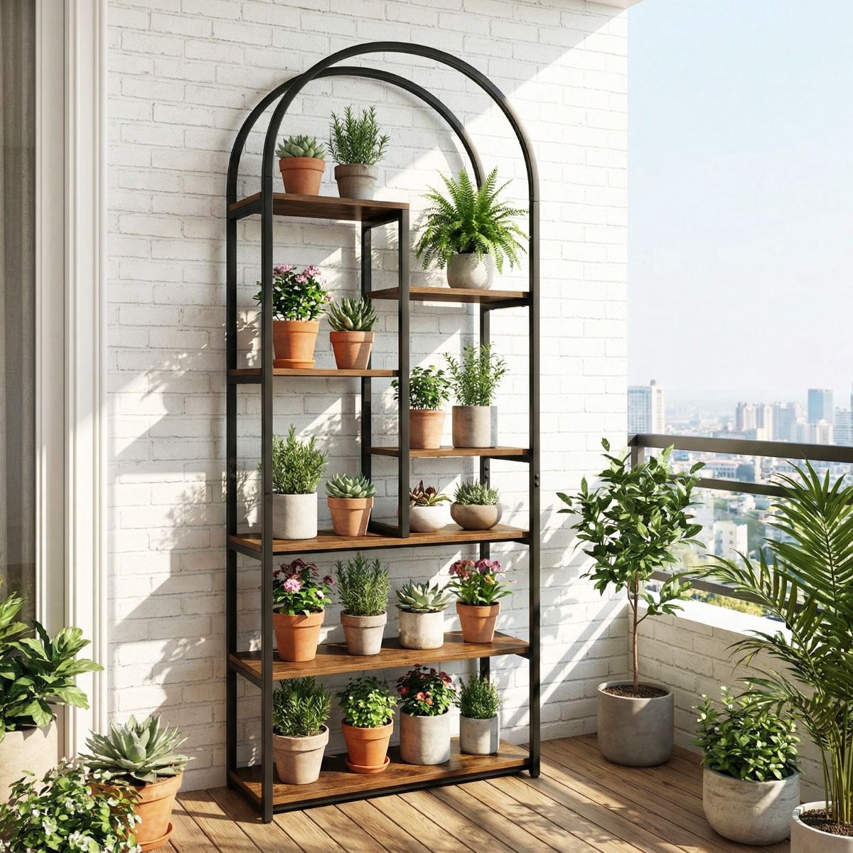 Industrial Arched Bookcase, 7 Open Shelves, Rustic Brown