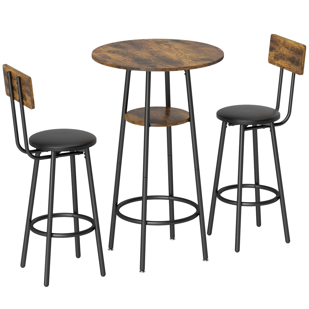 Industrial Bar Table Set, 2 Padded Stools, Shelf, Rustic Brown