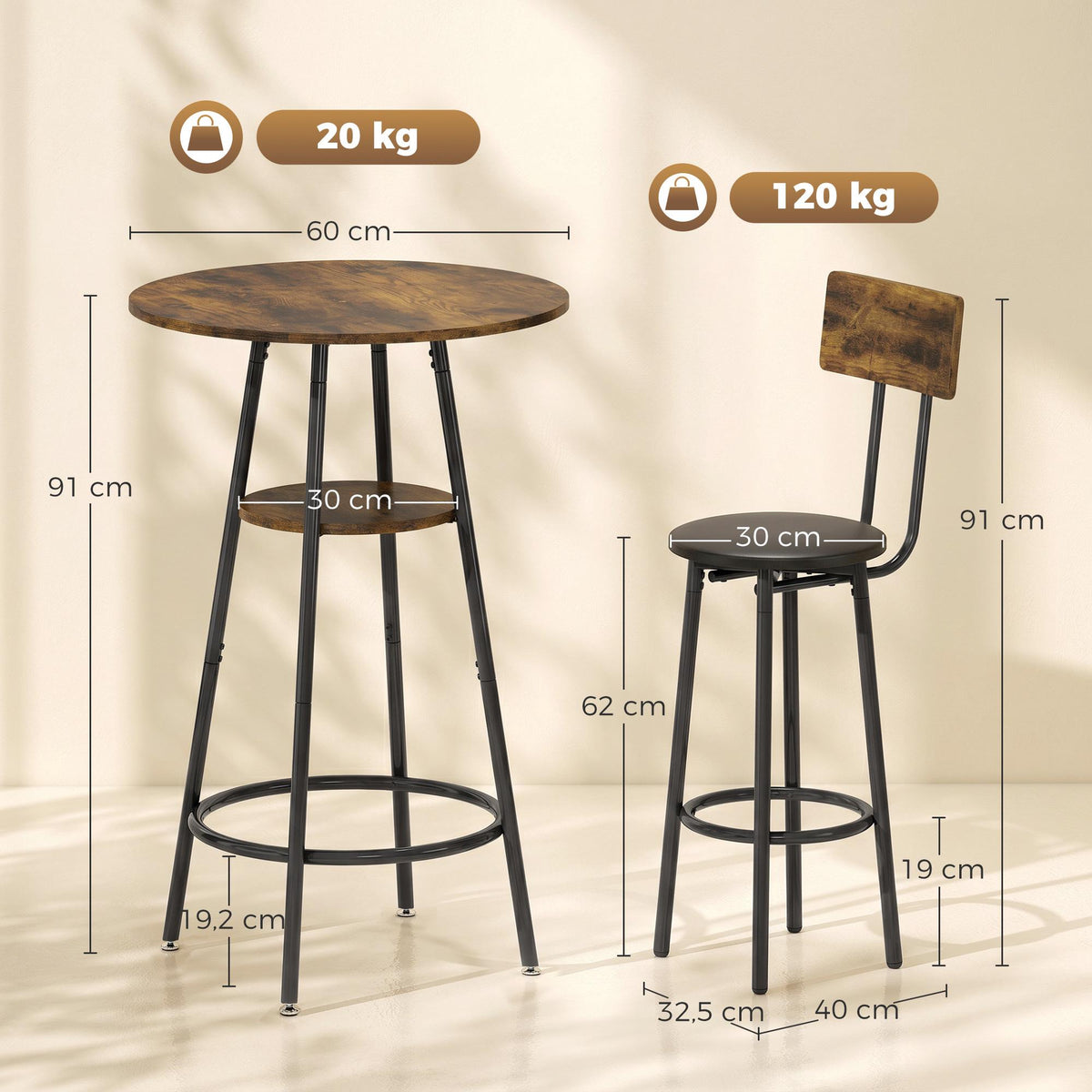 Industrial Bar Table Set, 2 Padded Stools, Shelf, Rustic Brown