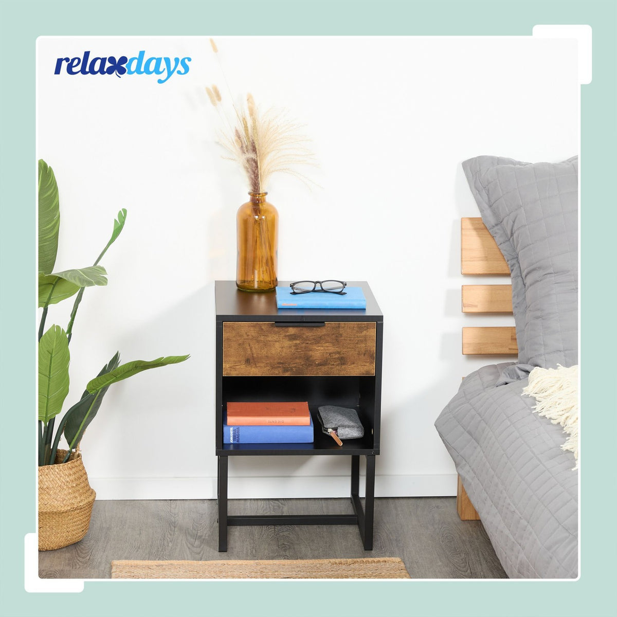 Industrial Bedside Table with Drawer and Shelf