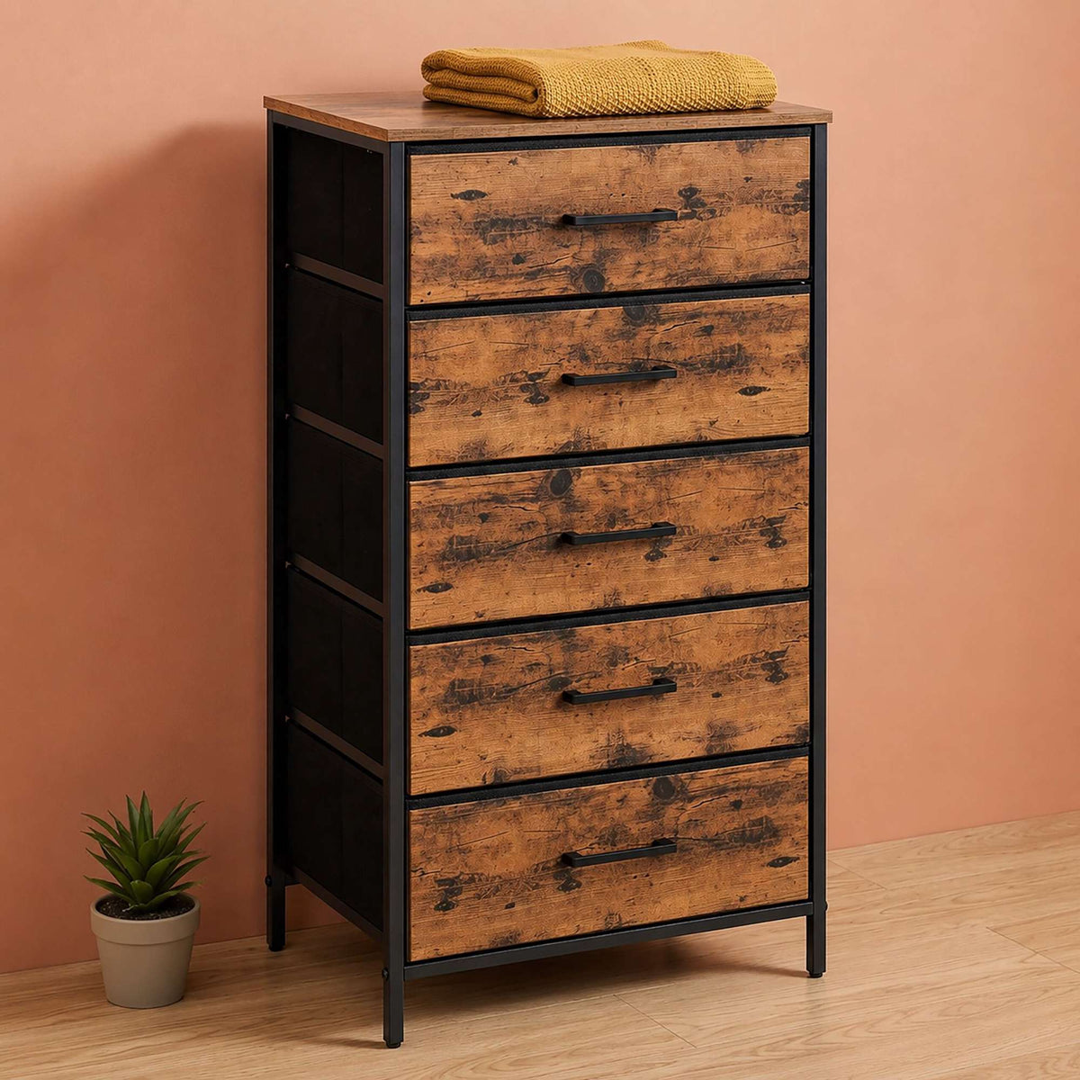Industrial Black Chest of 5 Fabric Drawers, 94x45x30 cm