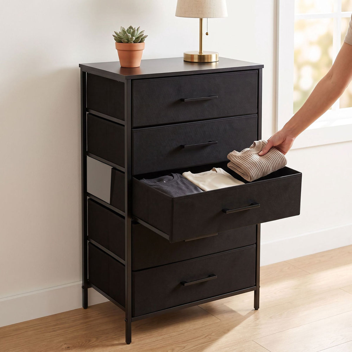 Industrial Black Chest of 5 Fabric Drawers, 94x45x30 cm