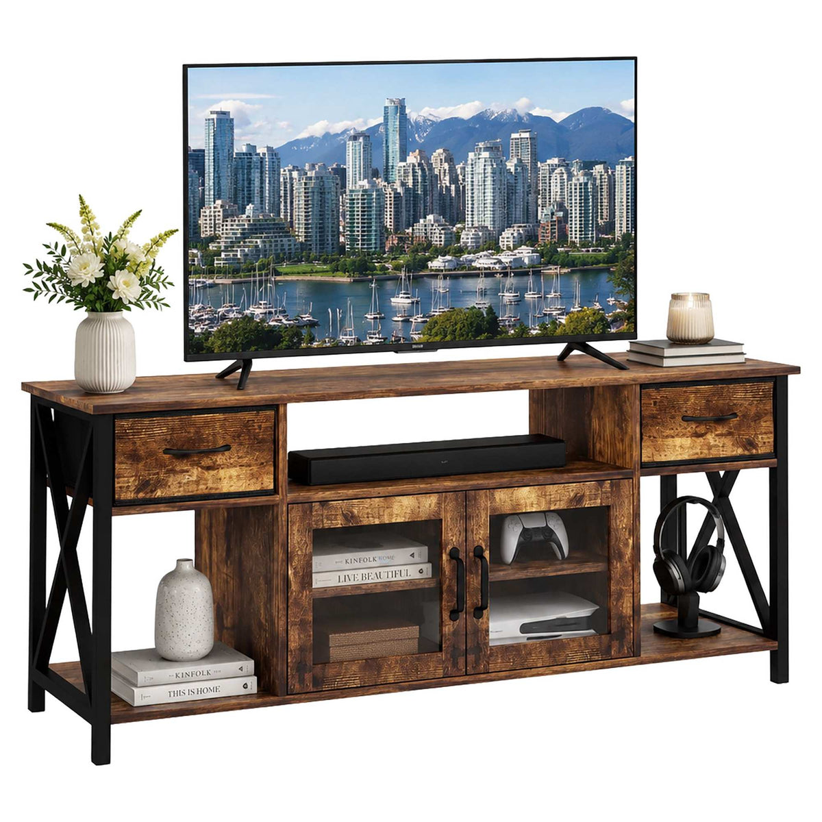 Industrial Black TV Stand with Storage, 140 cm