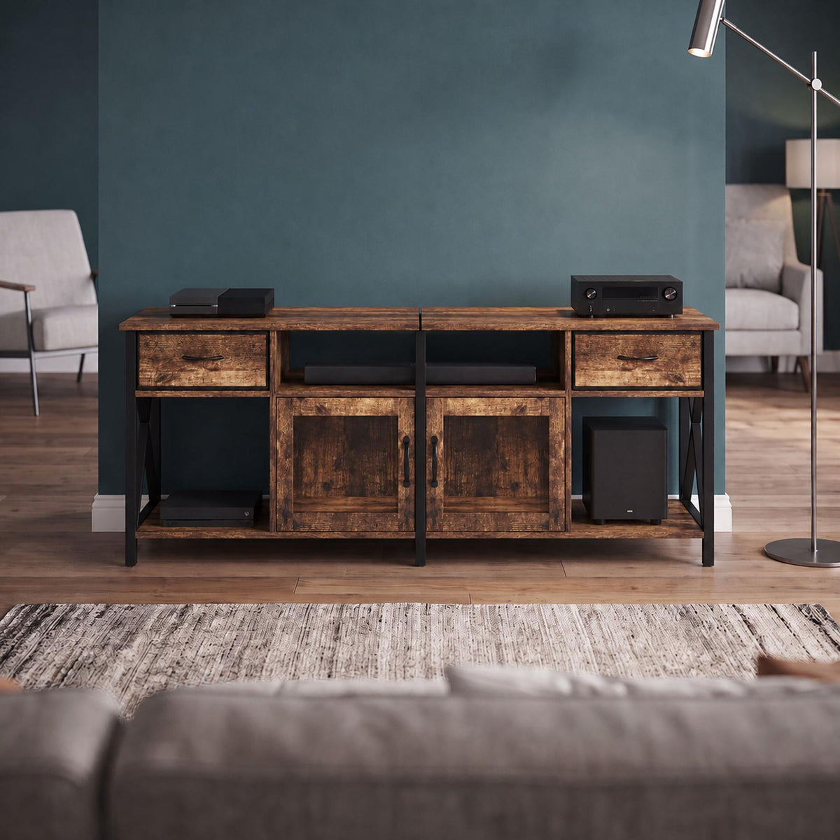 Industrial Black TV Stand with Storage, 180 cm