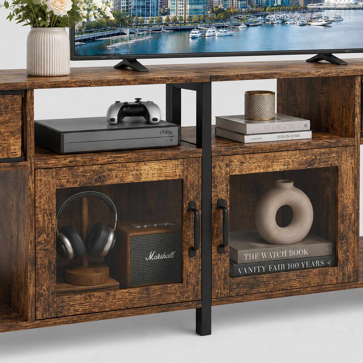 Industrial Black TV Stand with Storage, 180 cm