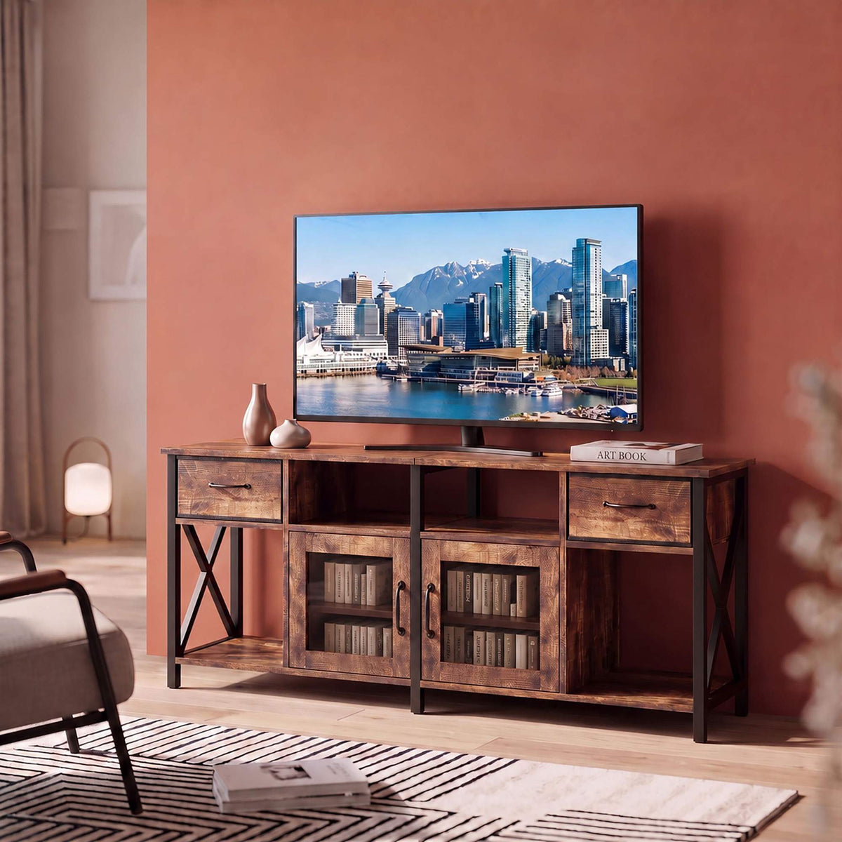 Industrial Black TV Stand with Storage, 180 cm
