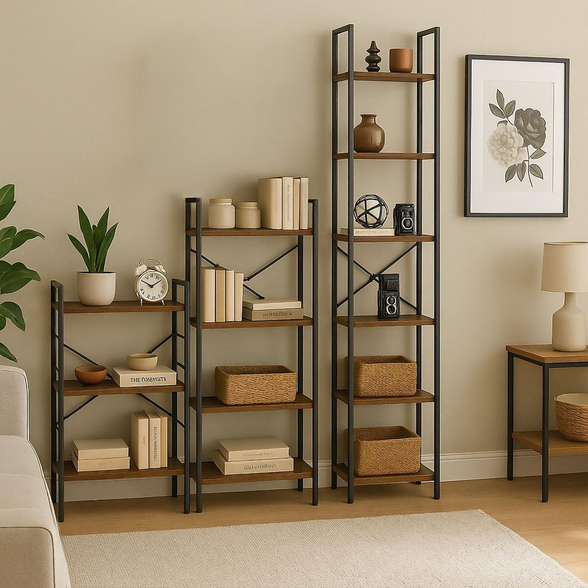 Industrial Bookcase – Black Metal & Dark Wood Shelves