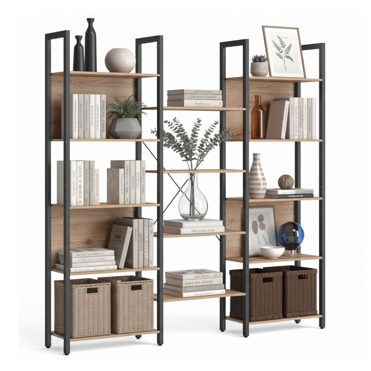 Industrial Bookshelf, 14-Tier, Vintage Wood Finish