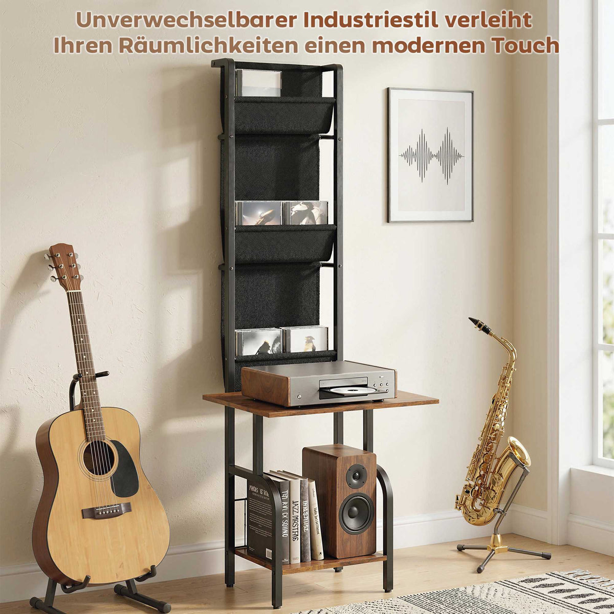 Industrial CD Shelf with 3 Fabric Pockets, Rustic Brown