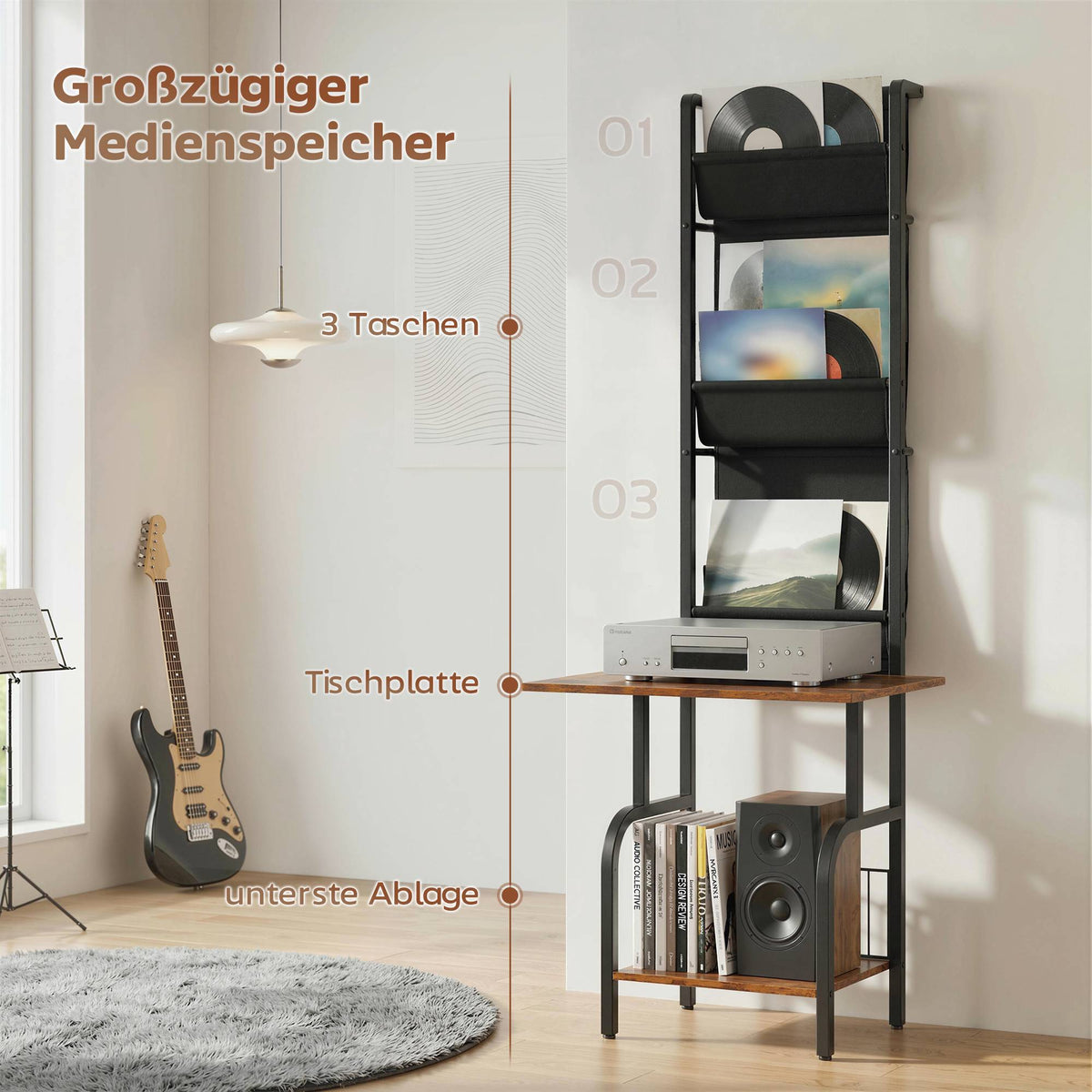 Industrial CD Shelf with 3 Fabric Pockets, Rustic Brown