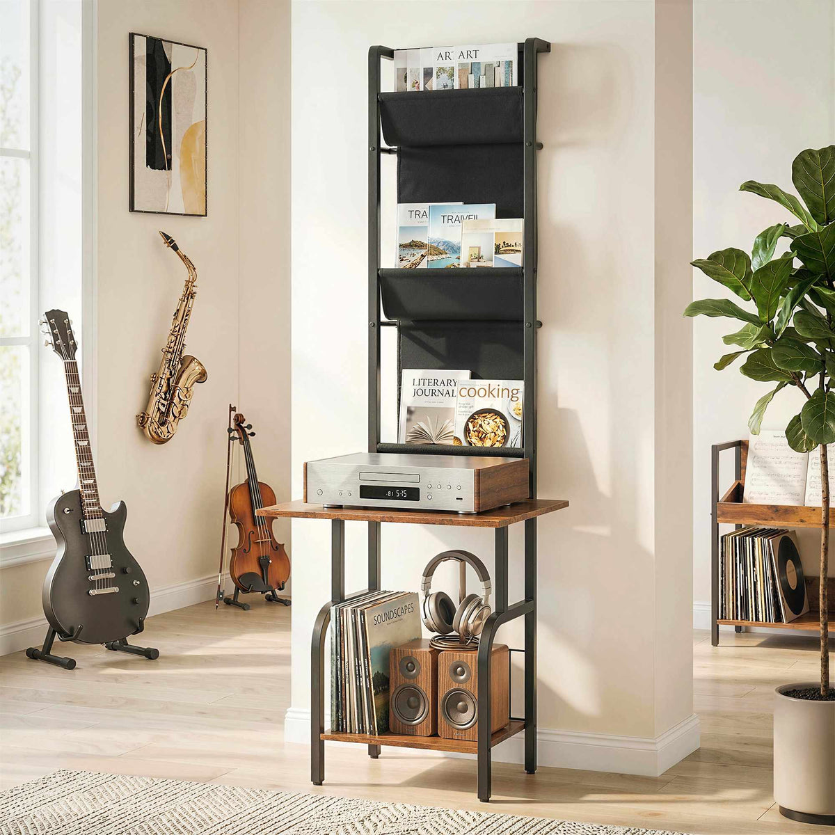 Industrial CD Shelf with 3 Fabric Pockets, Rustic Brown