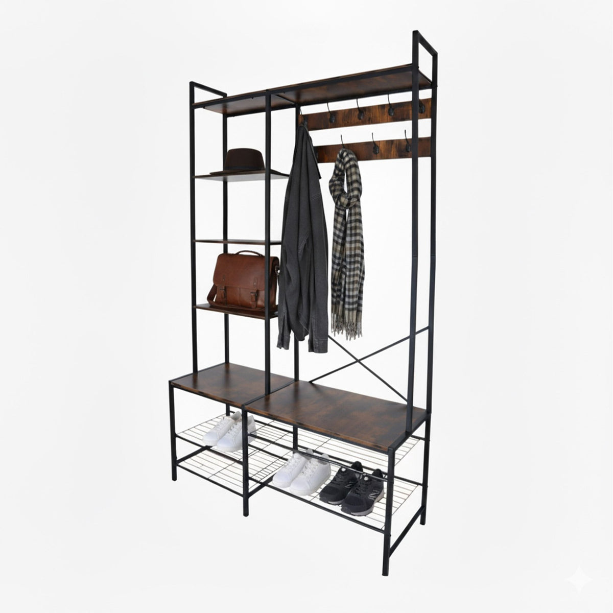 Industrial Coat Rack with Shoe Bench and Hat Shelf