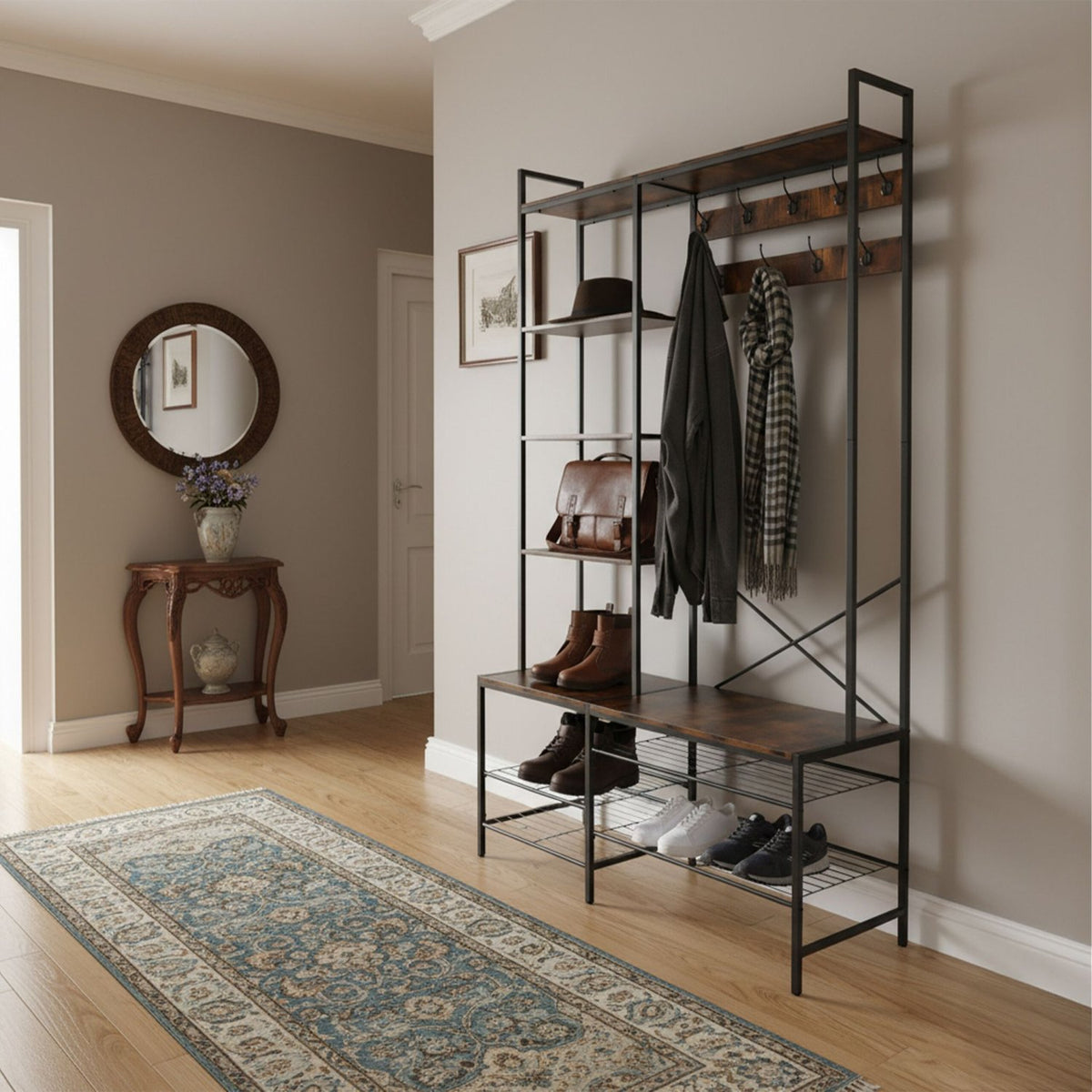 Industrial Coat Rack with Shoe Bench and Hat Shelf