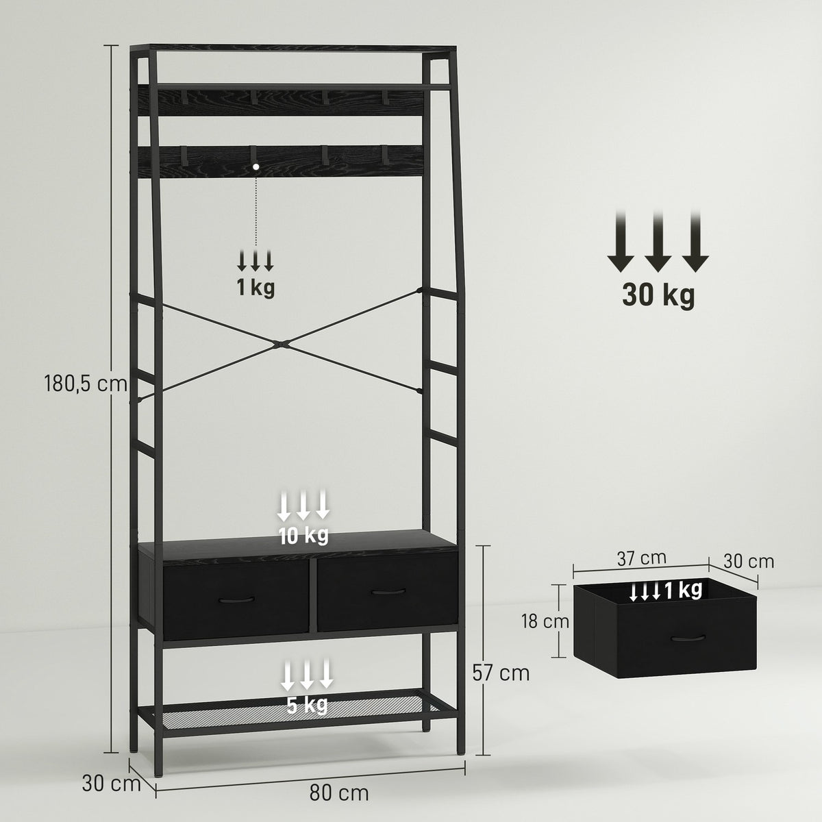 Industrial Coat Rack with Shoe Shelf, 2 Fabric Drawers, 8 Hooks