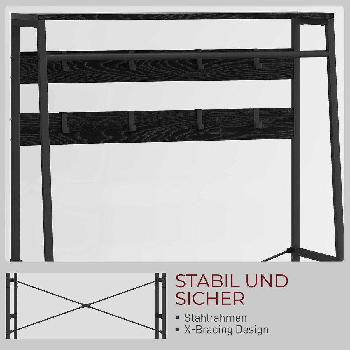 Industrial Coat Rack with Shoe Shelf, 2 Fabric Drawers, 8 Hooks