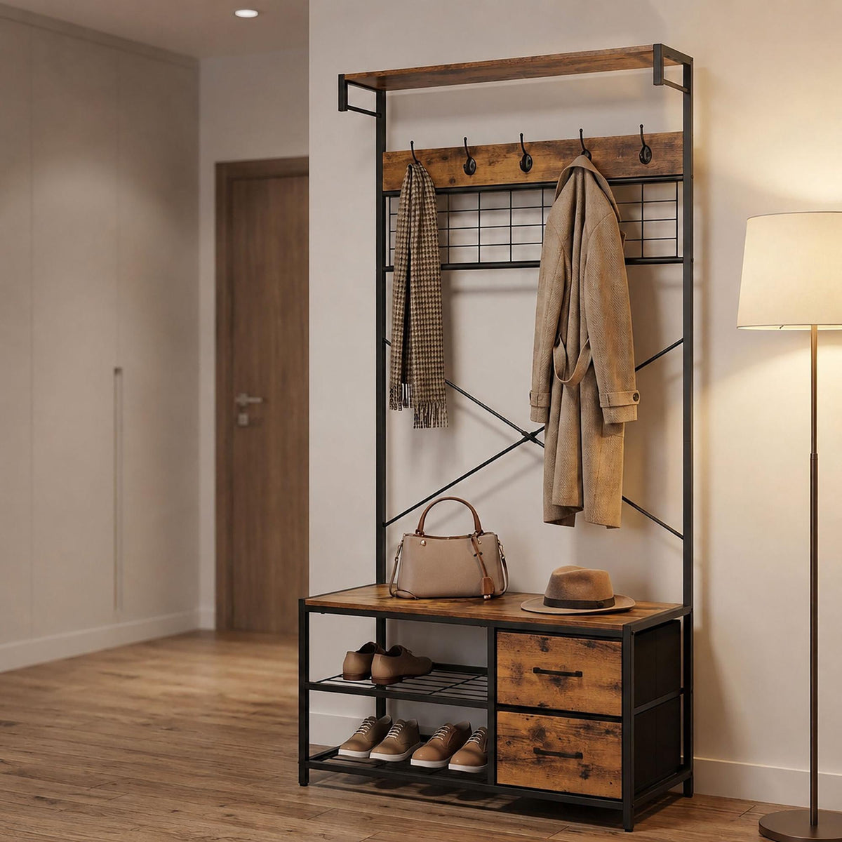 Industrial Coat Rack with Shoe Shelf and Drawers, Black