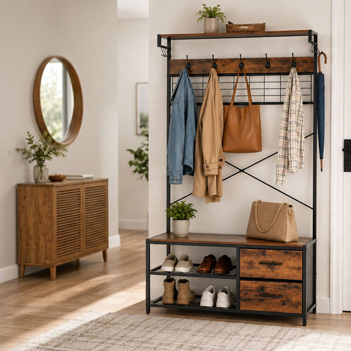Industrial Coat Rack with Shoe Shelf and Drawers, Black