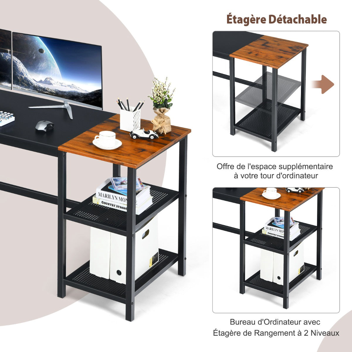 Industrial Computer Desk, 150cm, 2-Tier Shelf, Hook