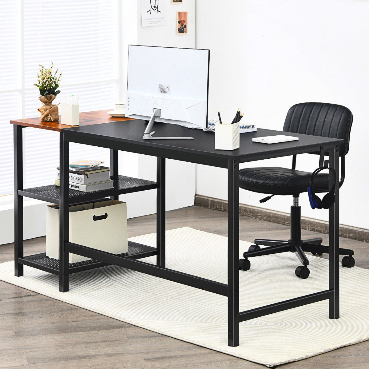 Industrial Computer Desk, 150cm, 2-Tier Shelf, Hook