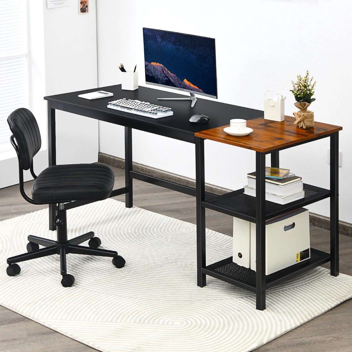 Industrial Computer Desk, 150cm, 2-Tier Shelf, Hook