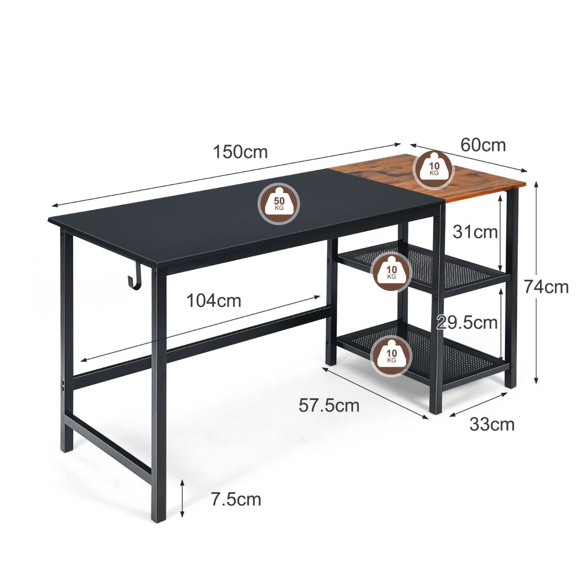 Industrial Computer Desk, 150cm, 2-Tier Shelf, Hook