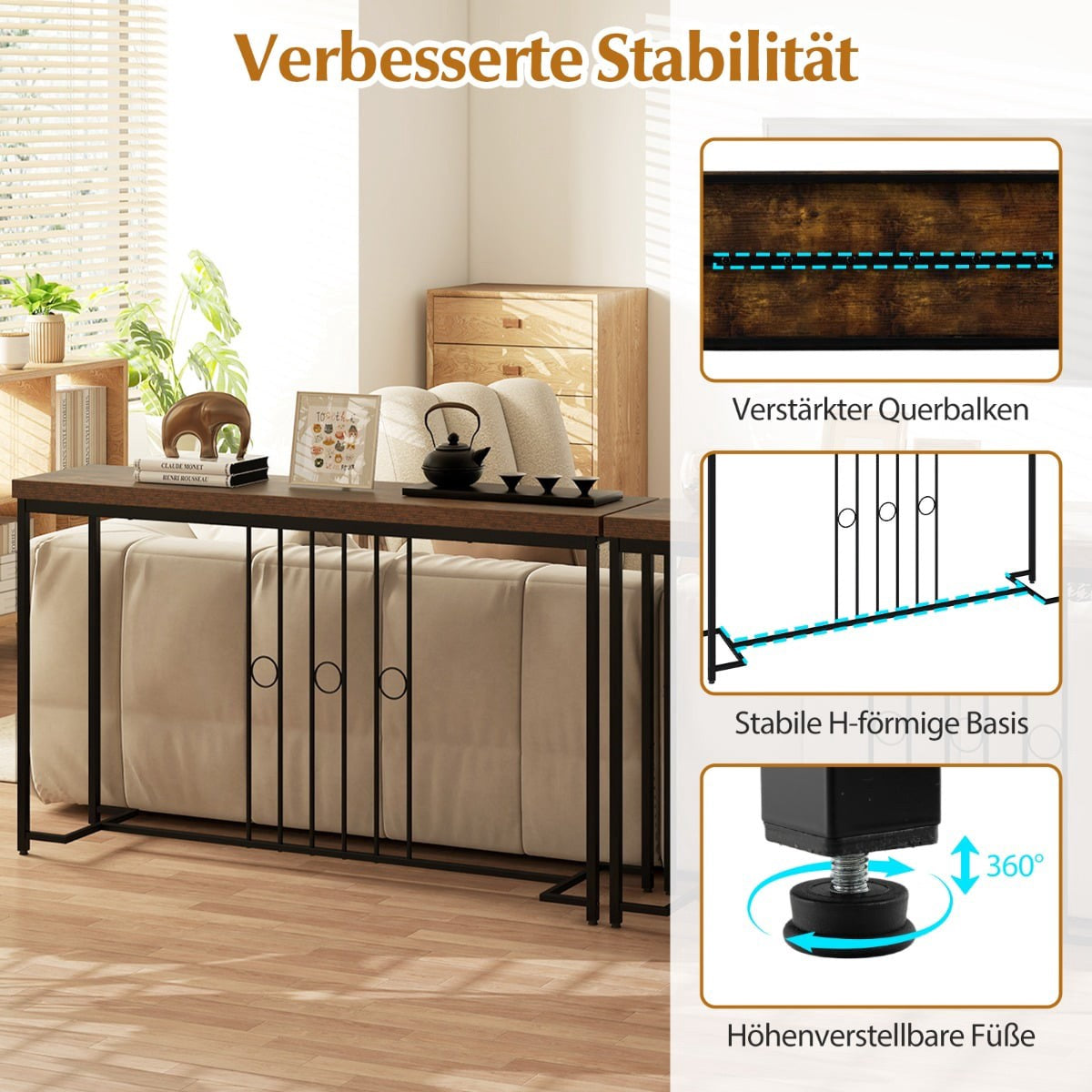 Industrial Console Table, 140x30 cm, Metal Frame, Brown