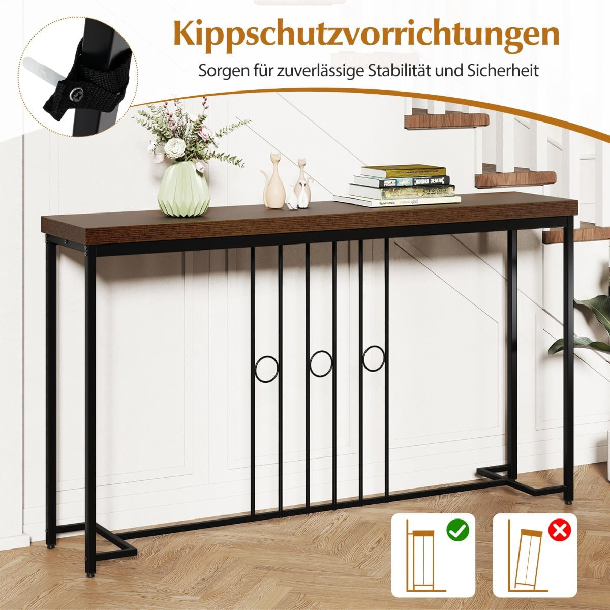 Industrial Console Table, 140x30 cm, Metal Frame, Brown