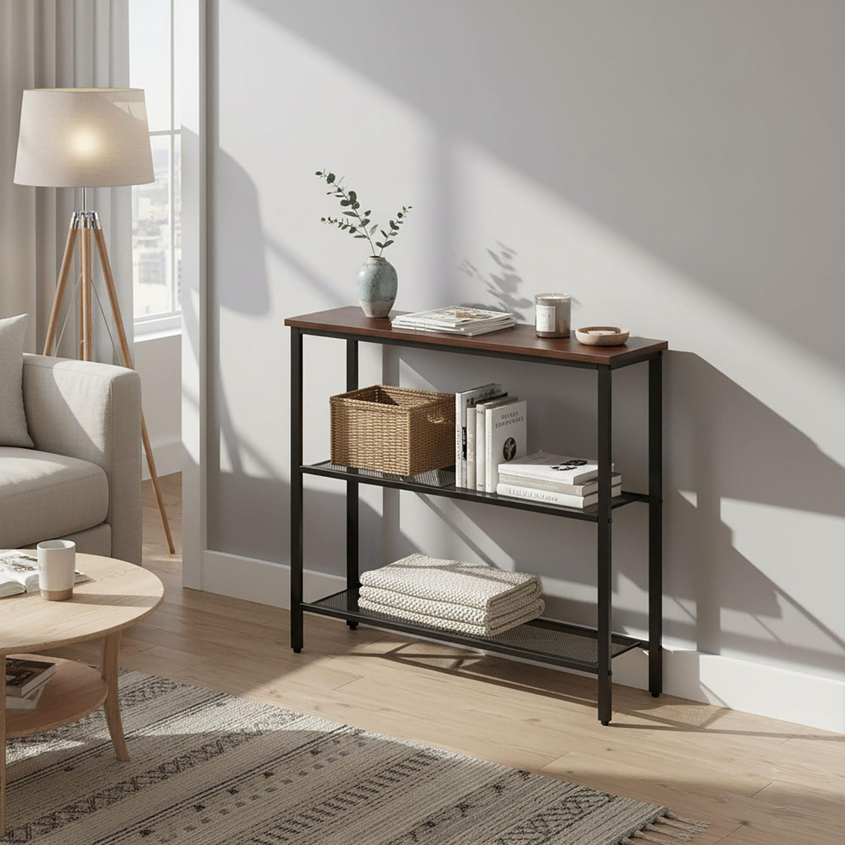 Industrial Console Table, 3-Tier Wood Shelves