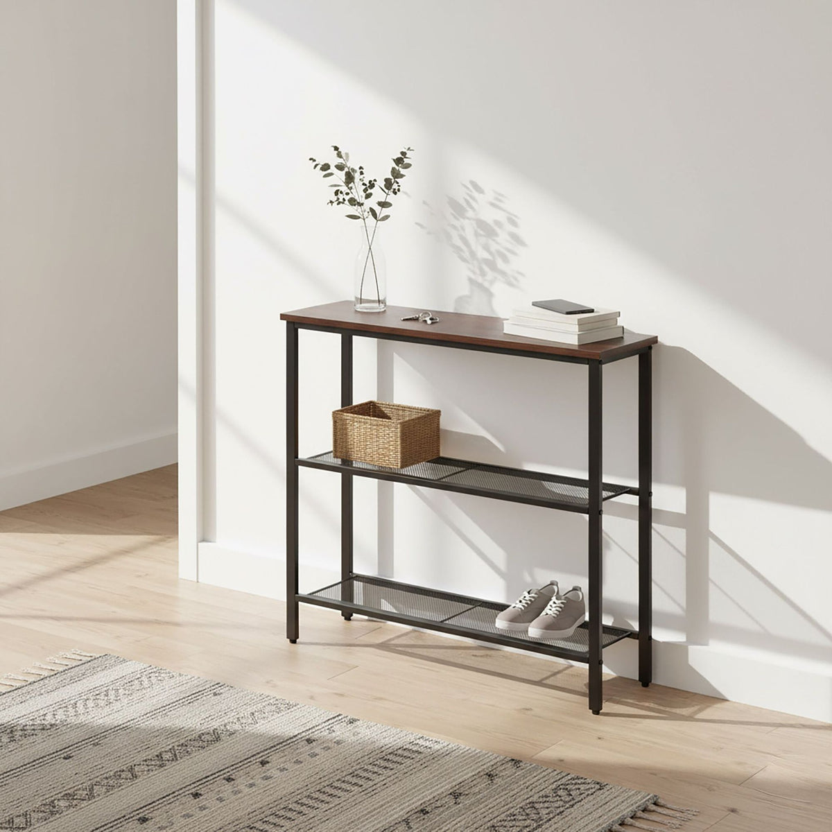 Industrial Console Table, 3-Tier Wood Shelves