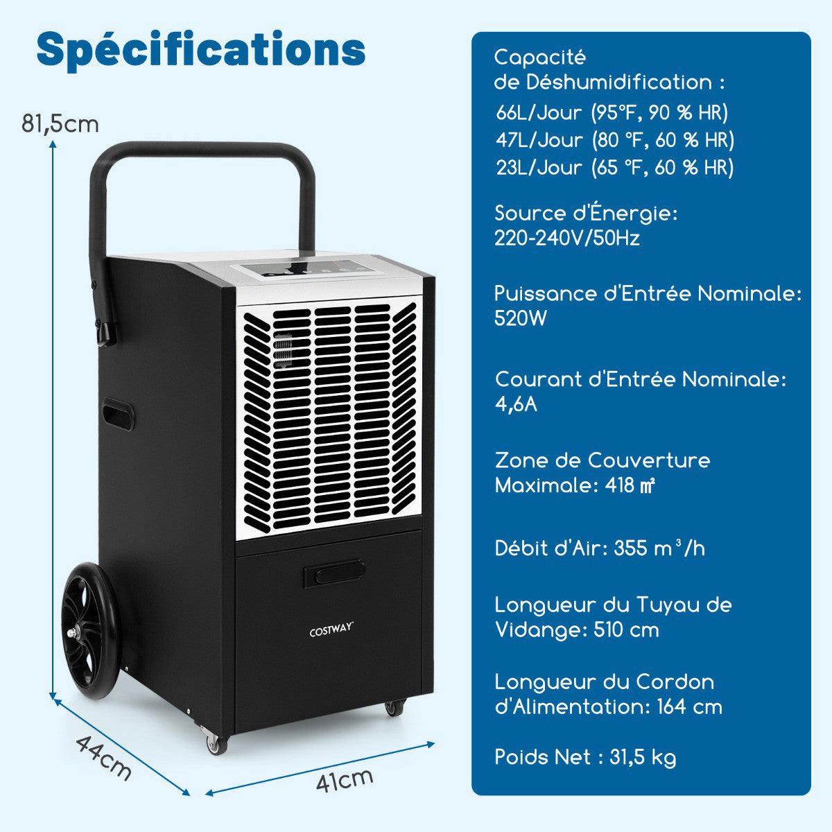 Industrial Dehumidifier 66L/Day with Pump, Drain Hose, 418 m²