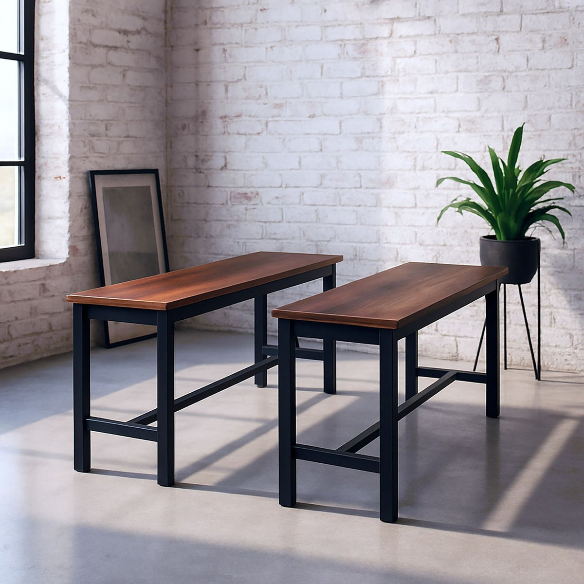 Industrial Dining Benches Set of 2 – Wood and Iron