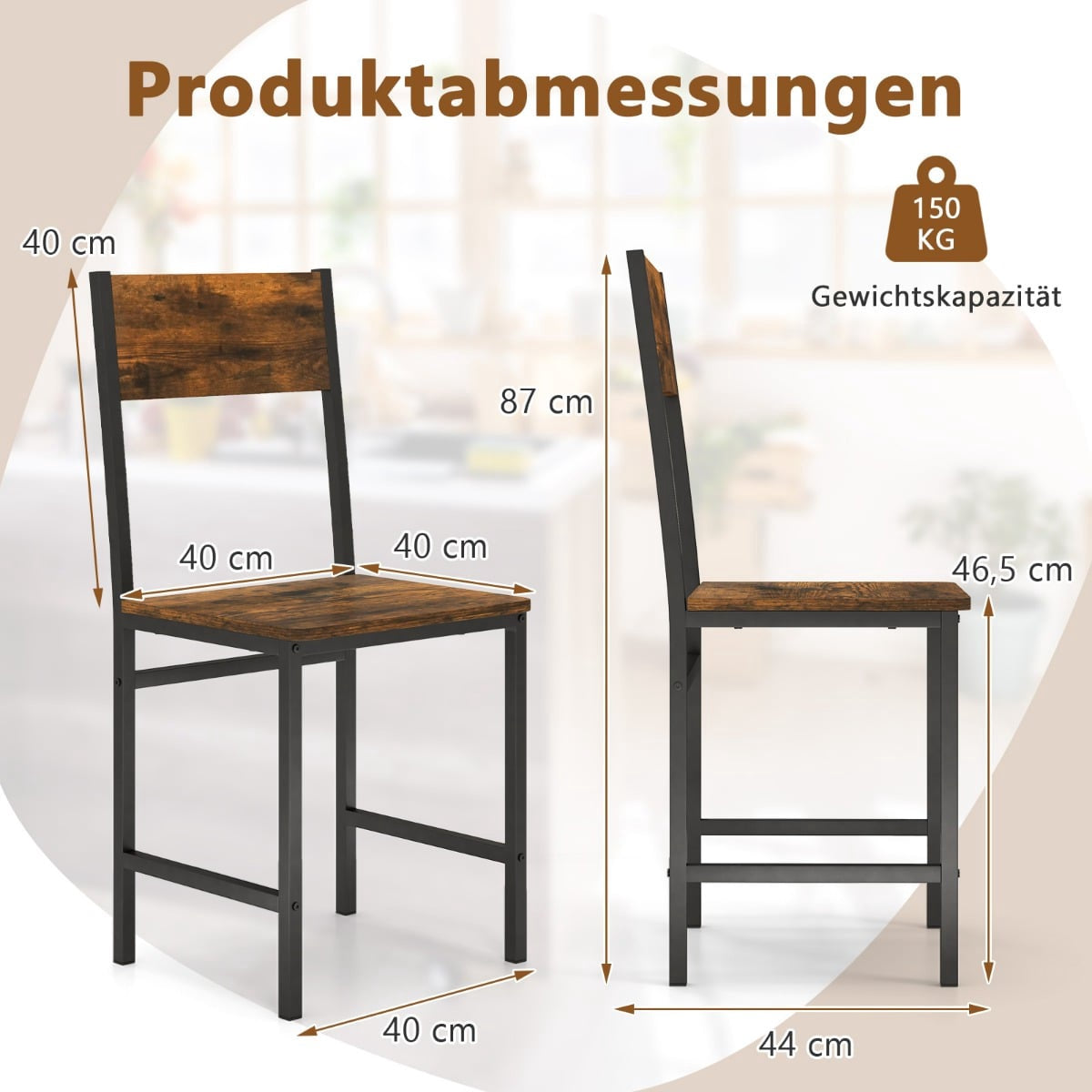 Industrial Dining Chairs Set of 2, Metal Frame, Rustic Brown