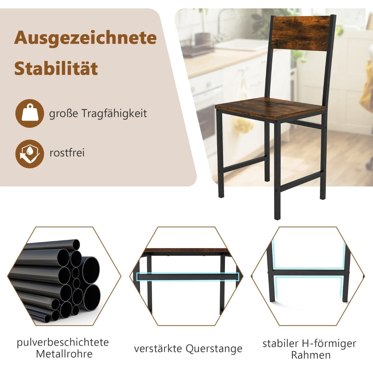 Industrial Dining Chairs Set of 2, Metal Frame, Rustic Brown