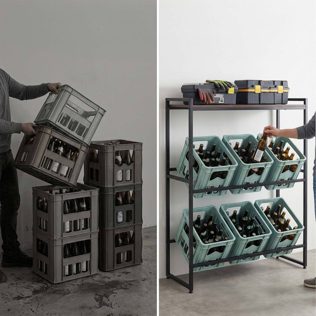 Industrial Drink Crate Rack, 2-Tier, Metal & MDF, Black/Brown