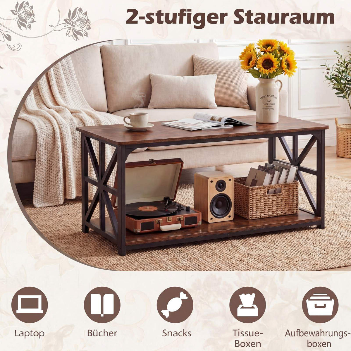 Industrial Farmhouse Coffee Table with Open Shelf, Rustic Brown