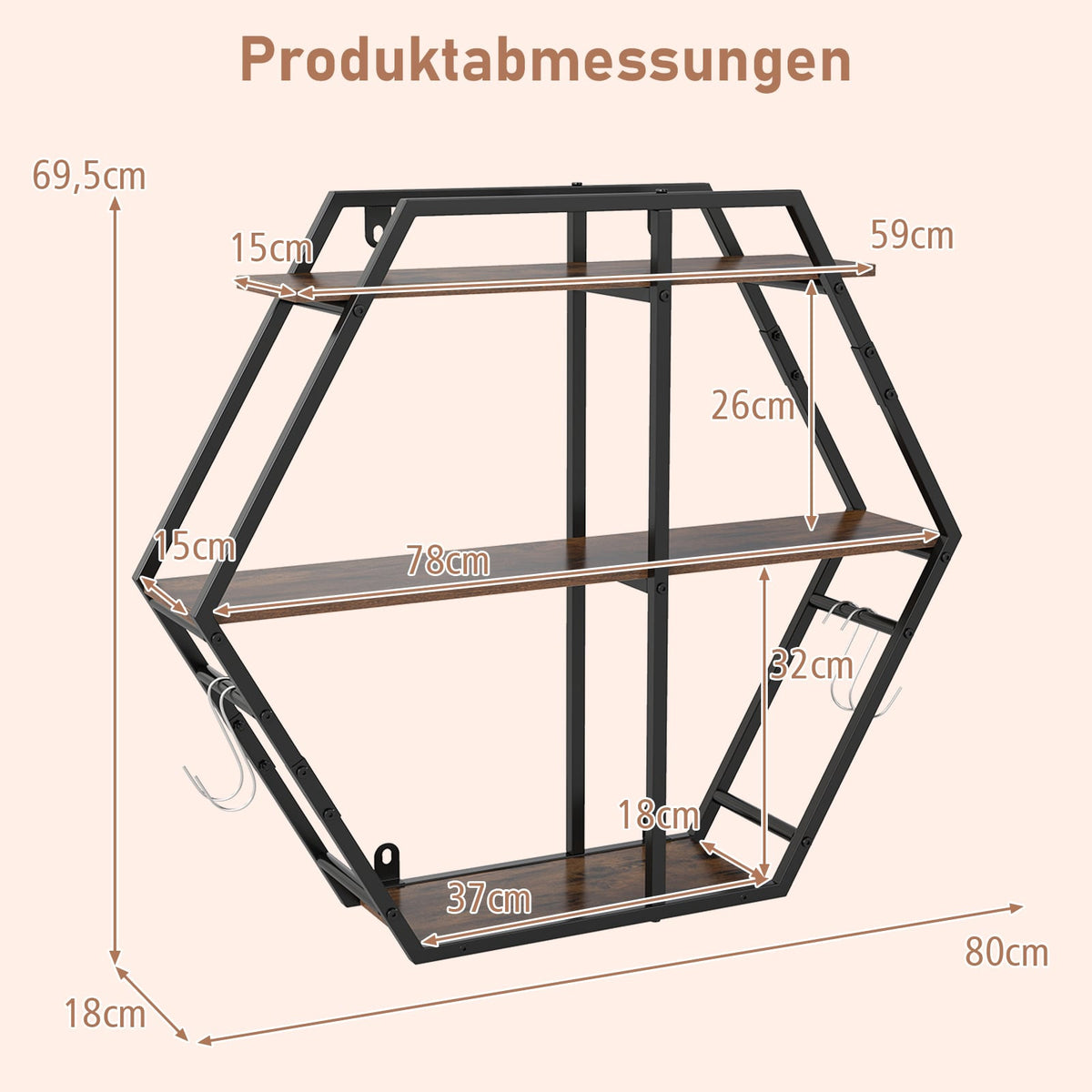 Industrial Hexagon Wall Shelf – 3-Tier with Hooks