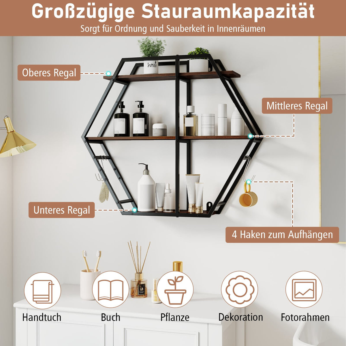 Industrial Hexagon Wall Shelf – 3-Tier with Hooks