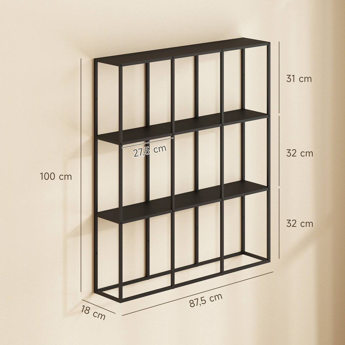 Industrial Metal Wall Shelf with 9 Compartments, Black