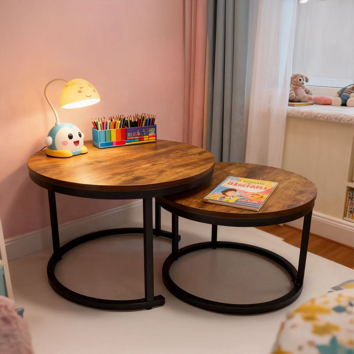 Industrial Nesting Side Tables, Set of 2, Wood-Effect