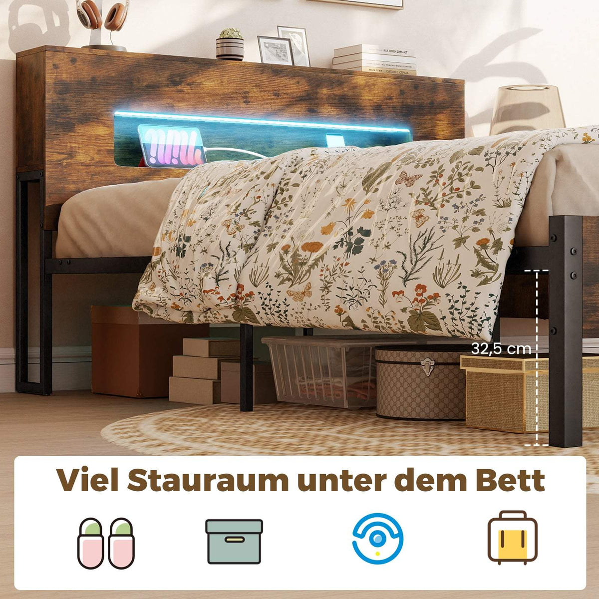 Industrial Platform Bed Frame with LED Lights, Storage Headboard, 200x140 cm