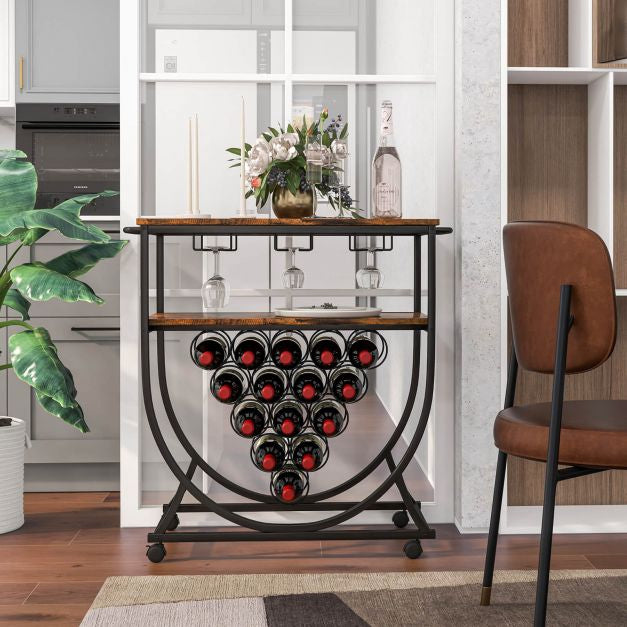 Industrial Rolling Bar Cart – 15-Bottle Wine Rack, Glass Holders