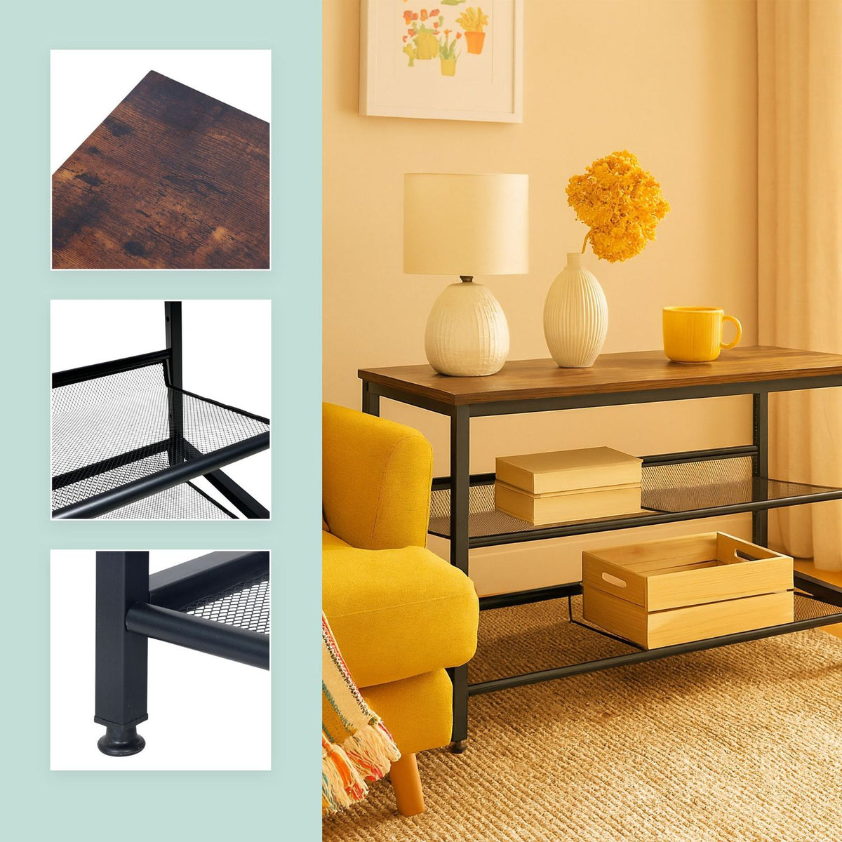 Industrial Shoe Rack – Iron Shelves, Wood-Effect Top