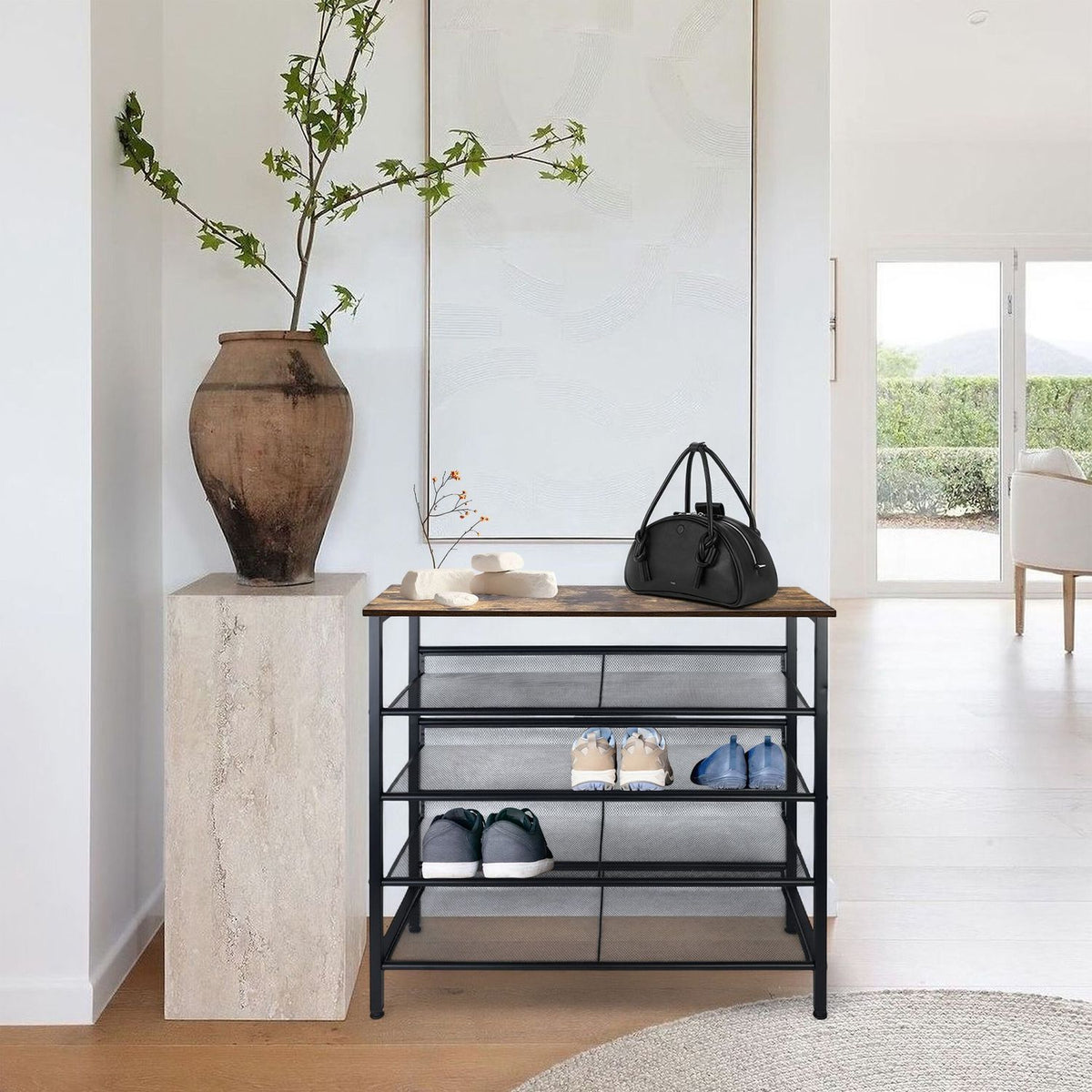 Industrial Shoe Rack with Grid Shelves – Iron, Wood Finish