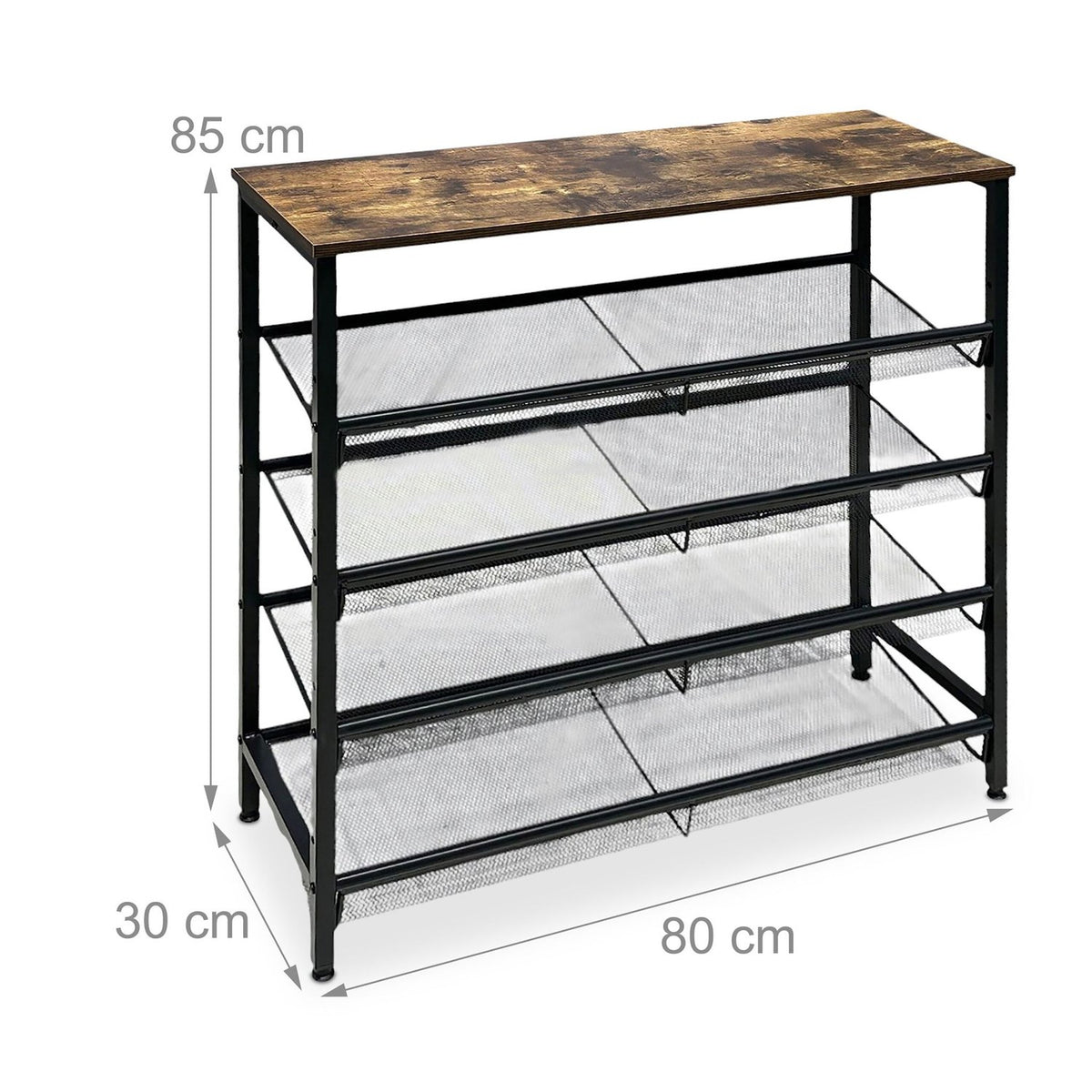 Industrial Shoe Rack with Grid Shelves – Iron, Wood Finish