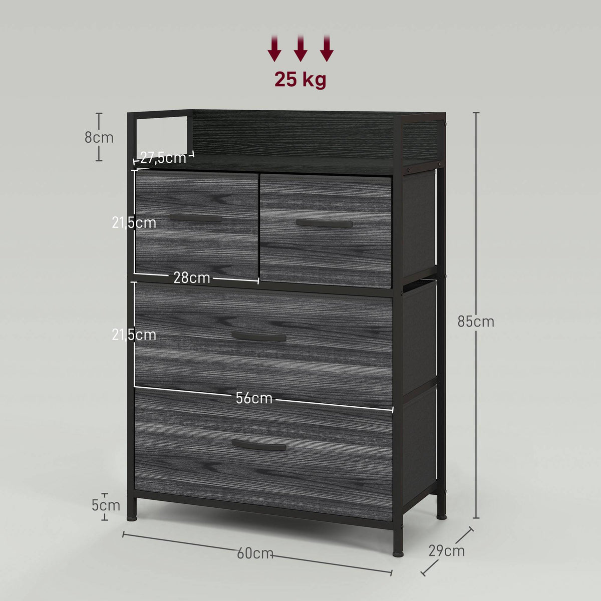 Industrial Sideboard with 4 Fabric Drawers, Black, 60x29x85cm