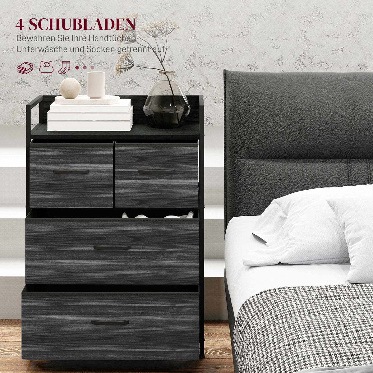 Industrial Sideboard with 4 Fabric Drawers, Black, 60x29x85cm